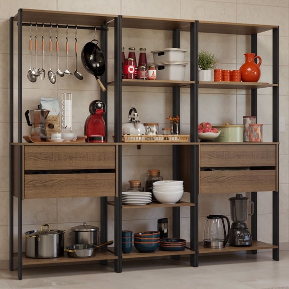 Madesa Kitchen Pantry Storage Rack with 4 Drawers, Open Shelves and Hanging Space 78"L Multiuse Modular Cabinet for Kitchen Organization - Black/Brown