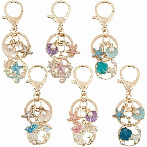 6Pcs 6 Styles Starfish Keychain Ocean Themed Keychains Bulk Large Summer Enamel Alloy Cute Coral Birthday Key Ring Sea Shell Keychains for Women Backpacks Handbags Car Keys Decoration Gifts