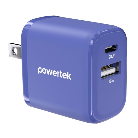 Powertek Ultra 20W USB-C PD 18W USB-A Wall Charger, Purple, Dual Port Charging Adapter, Fast Charging Block