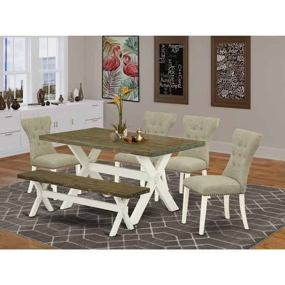 6-Piece Wood Dining Set - Kitchen Table with ChairsBench - Distressed JacobeanLinen White Finish