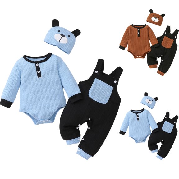 Faraee Newborn Baby Boy Clothes Fall Winter Outfit 0 3 6 9 12 18 Months Long Sleeve Textured Romper Pocket Suspender Pants Dog Hat 3 Piece Set,Brown