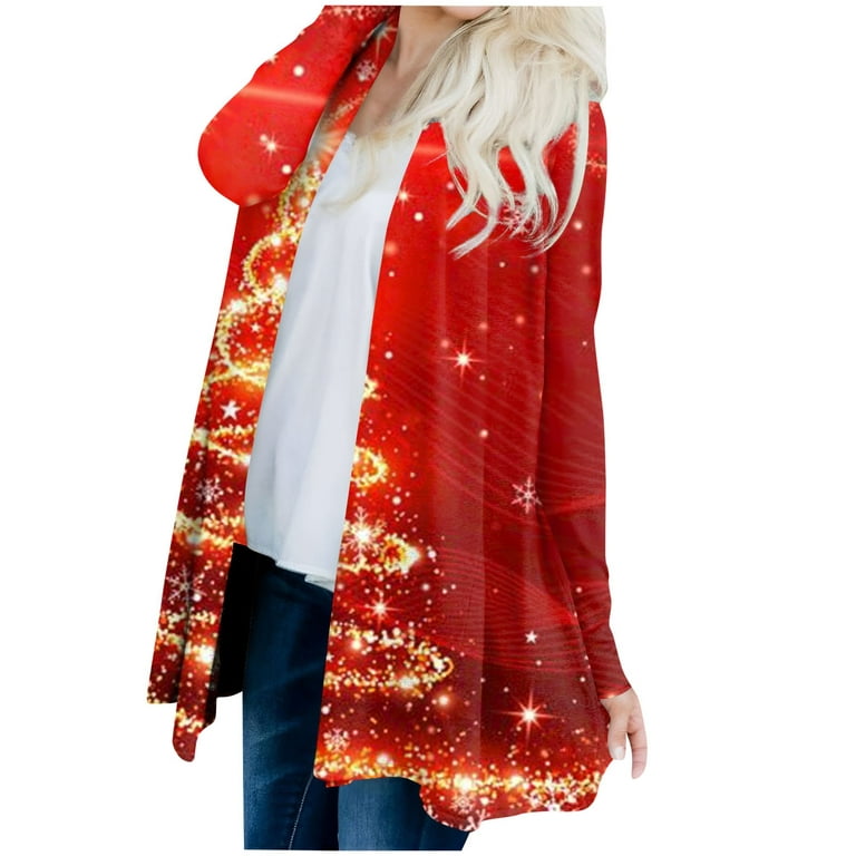 Susanny Christmas Plus Size Cardigan Print Y2k Long Christmas Red for for 3XL Women Women Size Lightweight Sleeve Open Women Christmas Work Tree Oversized Clothes Plus for Warm Front Cardigan