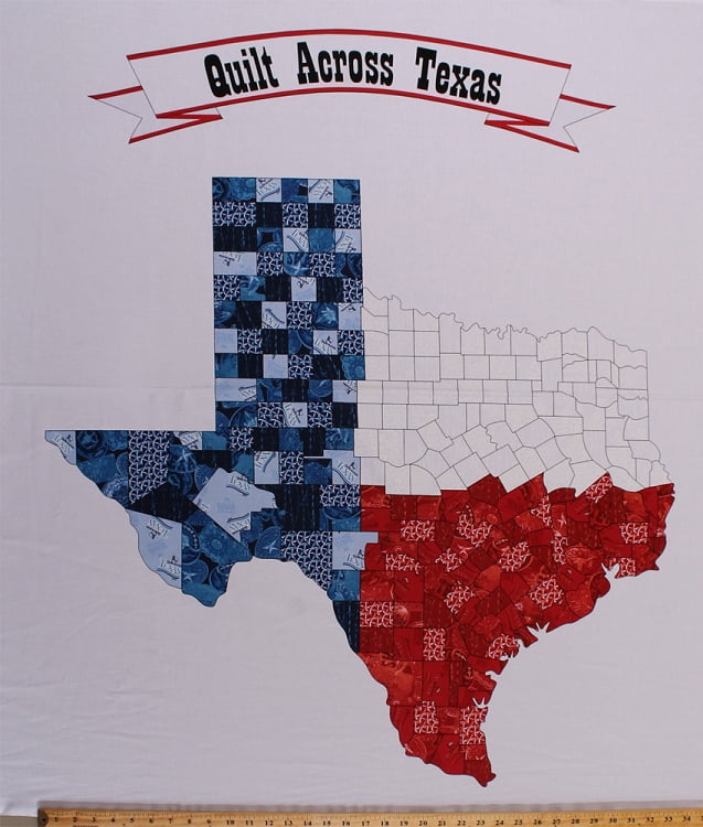 D503.07 36 X 44 Panel Quilt Across Texas State Shape Red White and Blue on White Texan Patriotic Cotton Fabric Panel 9305