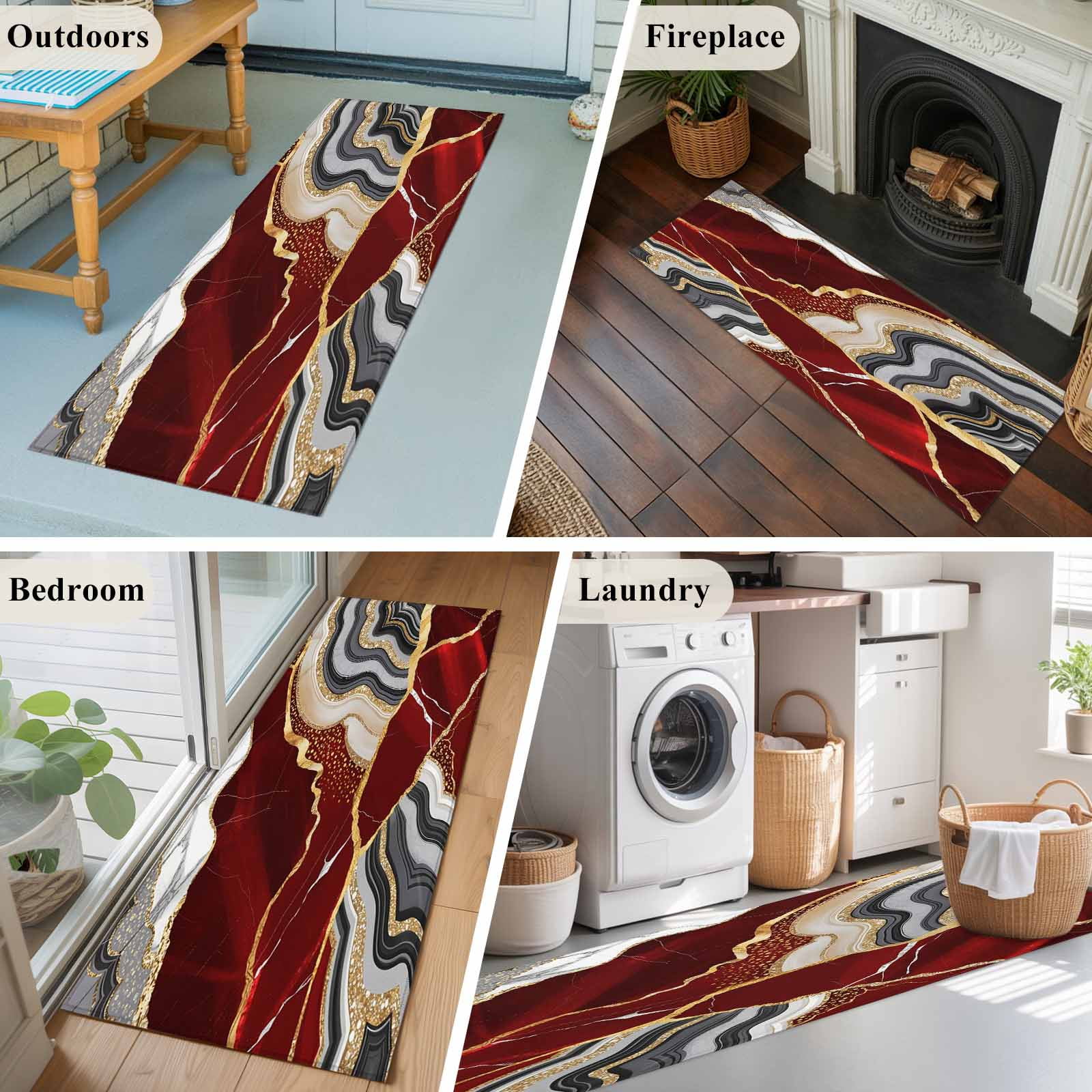Red Gold Marble Runner Rugs 2x6 ft Glitter Geometric Marble Foil Texture Washable Hallway Rugs Non-Slip Floor Mats Absorbent Carpet Bedside Runners for Bedroom Kitchen Bathroom Laundry Room