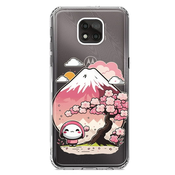 MUNDAZE Motorola Moto G Power 2021 Shockproof Clear Hybrid Protective Phone Case Kawaii Manga Pink Cherry Blossom Fuji Mountain Mochi Girl Cover