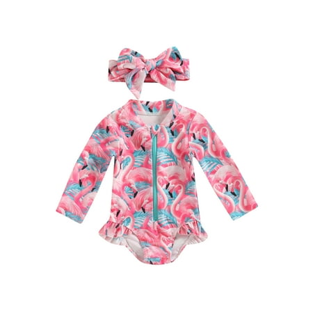 

Pudcoco Kids Girls Rash Guard Swimsuit Romper Flamingo/Flower Print Zipper Long Sleeve Sun Protection Bathing Suit with Headwear