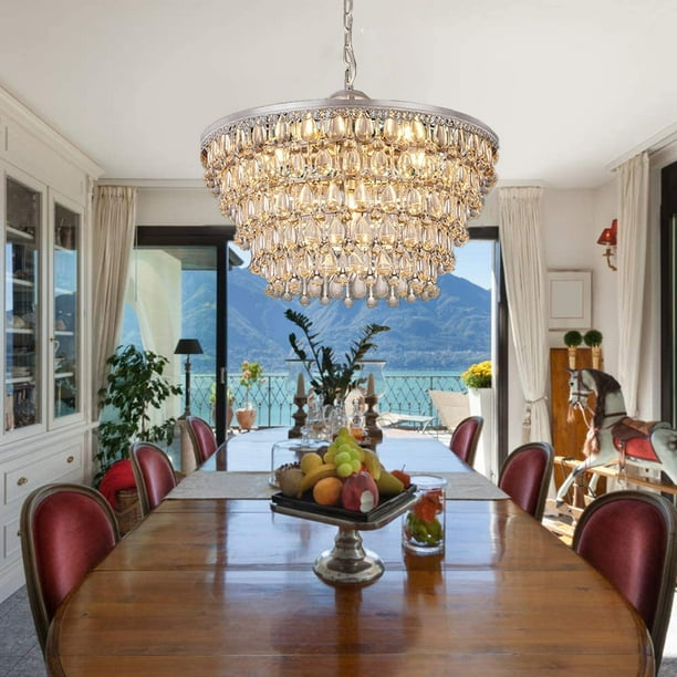 Wellmet 20 6 Lights Crystal Chandelier Light Ceiling Pendant Hanging Lighting Fixture Silver Com Wellmet 20 6 Lights Crystal Chandelier, Crystal Dining Table Chandelier
