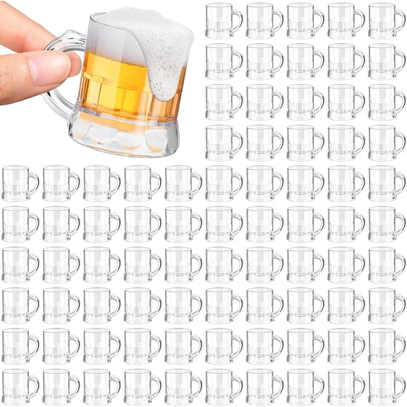 100 Pieces 2 oz Mini Beer Mug,Plastic Mini Shot Glasses, Heavy Base Clear Reusable Beer Stein Tasting Glasses,Small Plastic Shot Cups for Party Drink, Whiskey, Tequila, Vodka