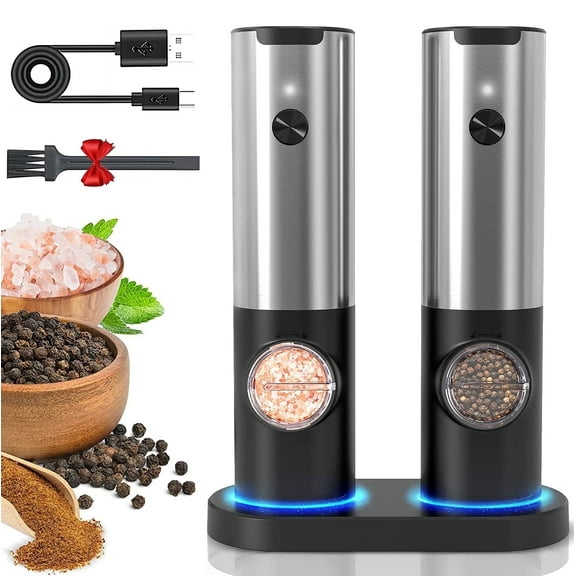 Electric Salt and Pepper Grinder Set, OGEDNAC Automatic Electronic Spice Mill Shakers with USB Rechargeable, LED Light, Adjustable Coarseness, One Hand Operated, Stainless Steel