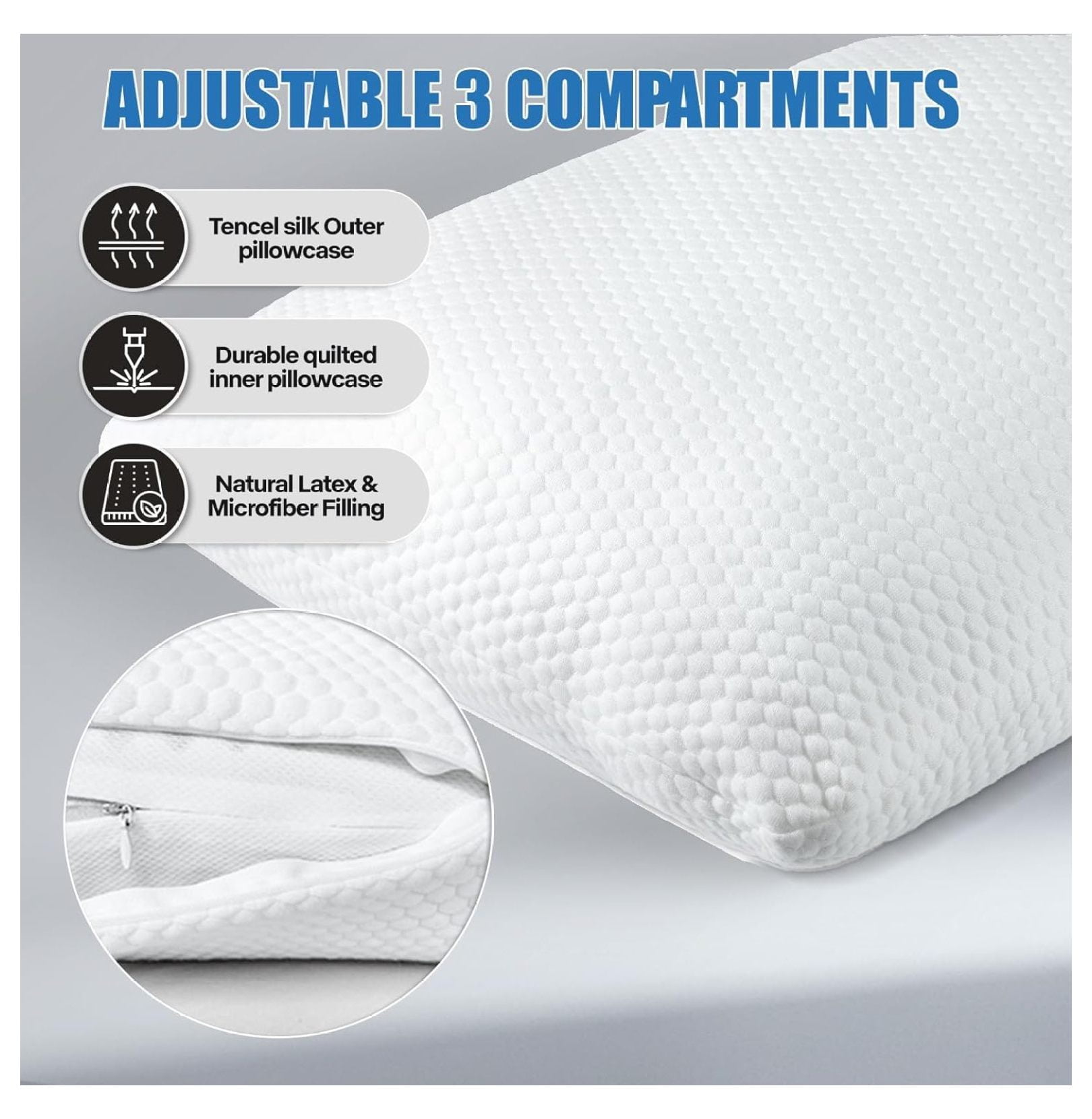 Talatex Premium Adjustable Latex Body Pillow, 3 Compartments Body Pillow Perfect Support and Full Body Pillow, Long Pillow with a Removable Ultra Cooling Pillowcase