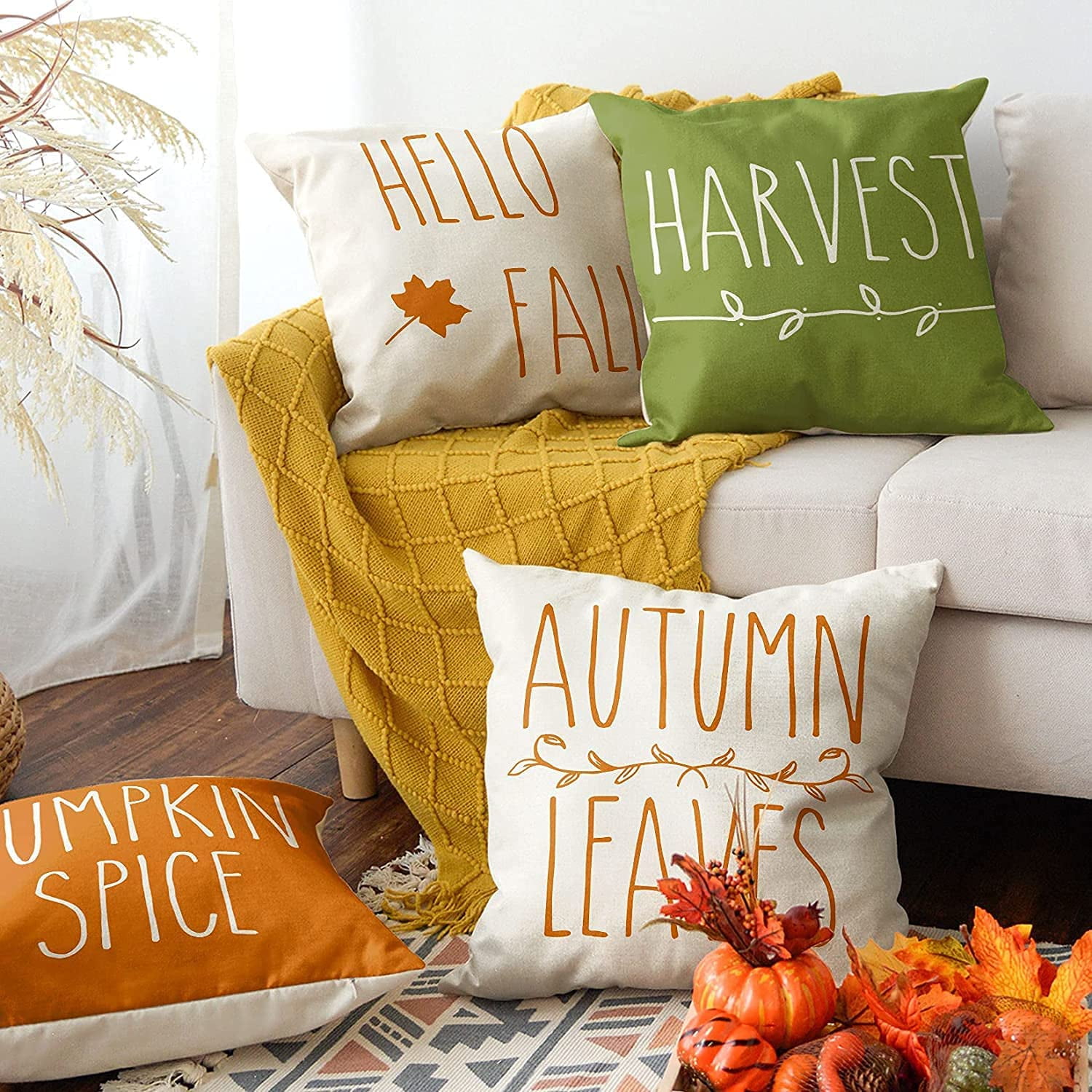 Halloween Pillow Covers 18x18 Set of 4 Happy Fall Pumpkin Halloween Pillows  Decorative Autumn Thanksgiving Quotes Thankful Grateful Blessed Throw