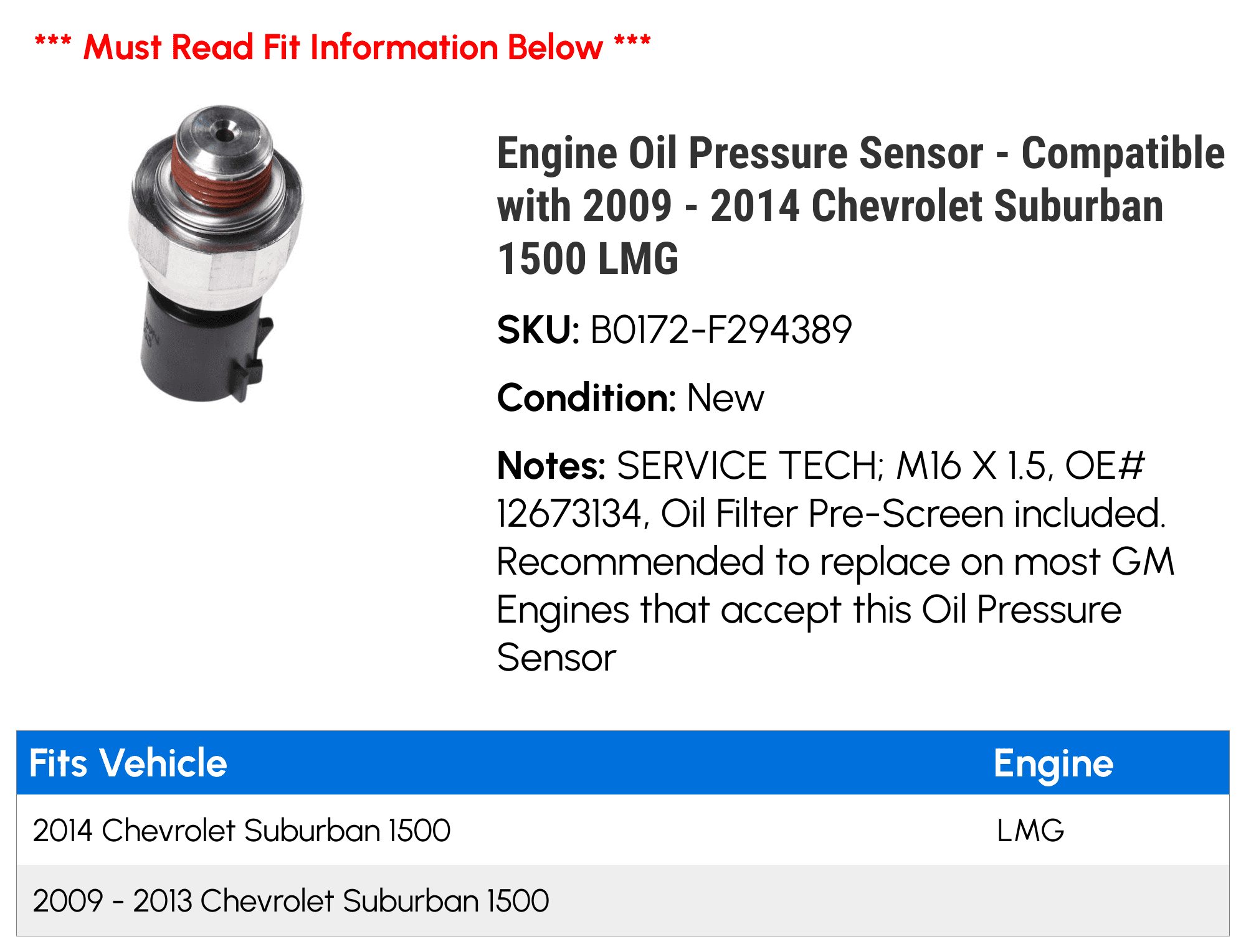 Engine Oil Pressure Sensor - Compatible with 2009 - 2014 Chevy Suburban 1500 LMG 2010 2011 2012 2013