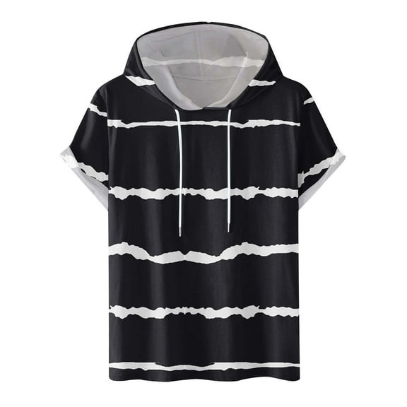 UVEASISHA Short Sleeve Hoodies for Men Big,Mens Striped Print Hoodie Workout Gym Sweatshirt Muscle Fit Fashion Athletic Hoodies Pullover Hooded T-Shirts 2025 Black