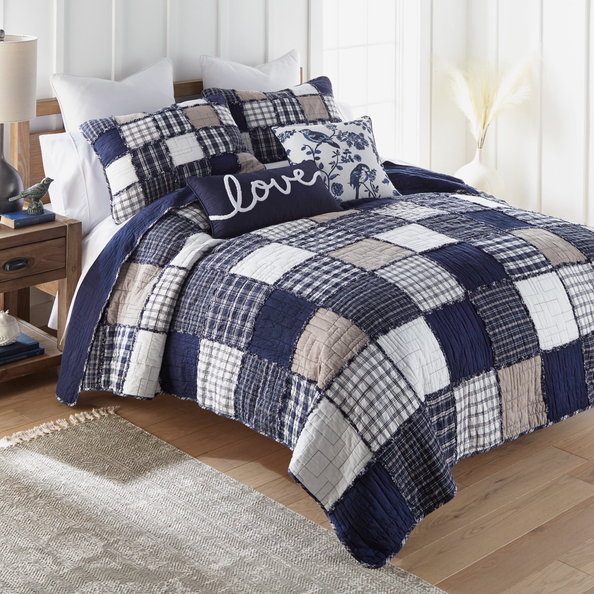 Donna Sharp Checkerboard Indigo Queen Pieced Cotton 3PC Quilt Set