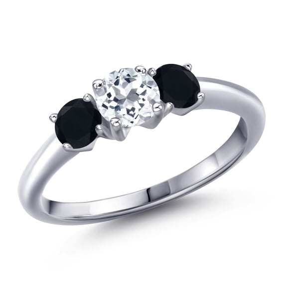 Gem Stone King 925 Sterling Silver White Topaz and Black Onyx Engagement Ring for Women | 1.04 Cttw | Round 5MM | Gemstone November Birthstone | Size 5