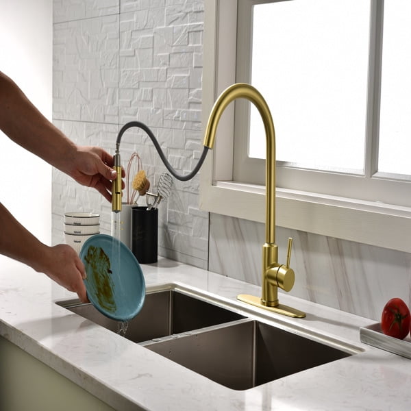16.5" Brushed Gold Sensor Kitchen Faucet - Touchless Pull-Down Sprayer with Dual Mode, Single Hole Installation for Modern Kitchens