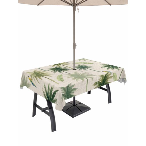 60x84 Inch Outdoor Tablecloth with Umbrella Hole Zipper Rectangle Summer Coastal Palm Tree Rectangular Tablecloths Waterproof Beach Tropical Plants Leaves Beige Patio Table Cloth Cover for Picnic