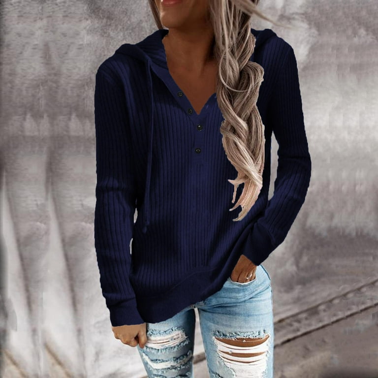 Lapel Navy-blue Long Sleeves Sweater Tops