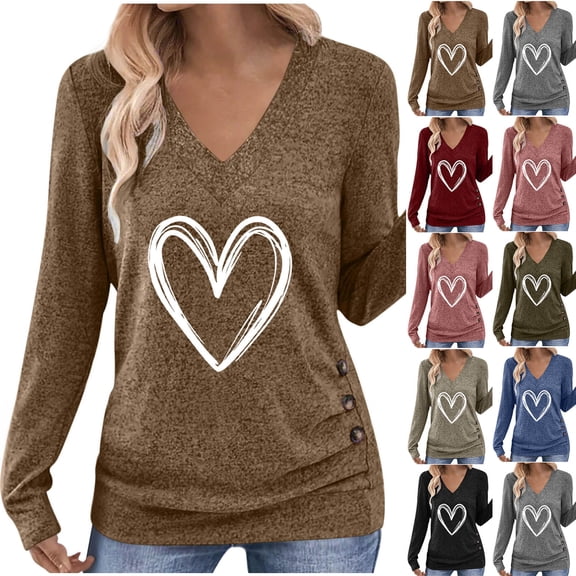 DDAPJ pyju V Neck T Shirts for Women Double Heart Graphic Long Sleeve Shirt Valentine's Day Tees Couple Gifts Tops Coffee XXL
