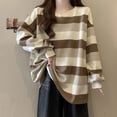 thumbnail image 4 of Womens Sweatshirt Stripe Long Sleeve Crew Neck Pullover Casual Blouses Retro Top Khaki XL YIWEI, 4 of 11