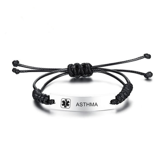 Adjustable Asthma Medical Alert Bracelet - Stainless Steel Handmade Cord ICE Medic ID Health Alert Link Bracelets Wristband Medical Jewelry for Women Asthma