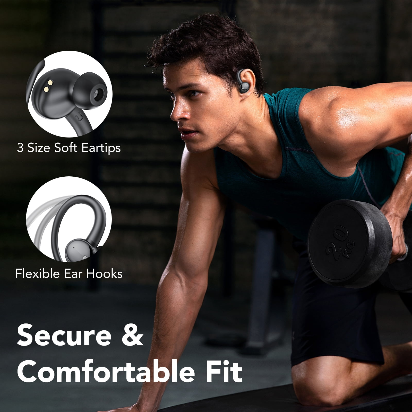 Bluetooth Headphones 5.4, 60Hrs Playtime Wireless Earbuds, Bass Boost 85%, Over-Ear Headphones Built-in 4 ENC Mics, IPX7 Waterproof Ear Buds with Earhook for Exercise Running Sports Black