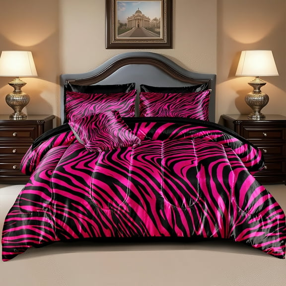 Zebra Print Bedding Set Hot Pink Satin Comforter with Sheets Zebra Stripe Animal Print Africa Wildlife Theme Silk Like Silky Bed in A Bag Black Pink Comforter Sets