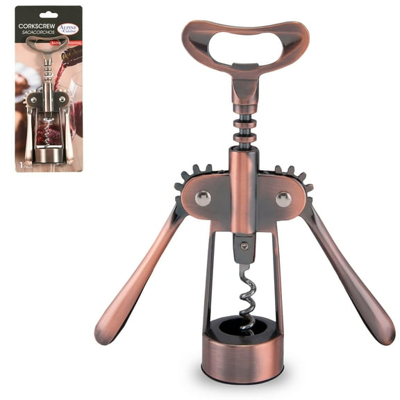 Alpine Cuisine Heavy-Duty Zinc Alloy Wine Opener 7 Inch with Ergonomic Handle, Corkscrews for Wine Bottles, Wing Corkscrew, Beer Bottles, Restaurants & Home - Sharp-Edged Screws - Antique Bronze