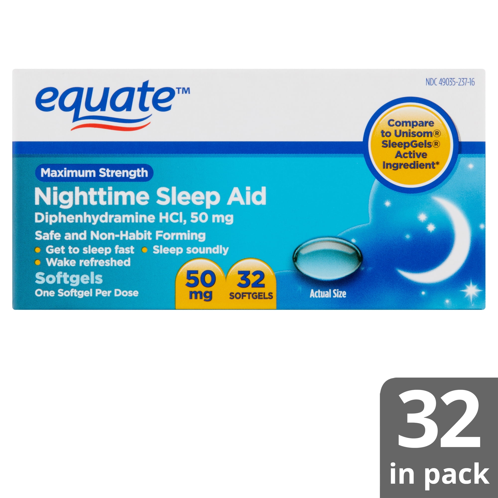 Equate Nighttime Sleep Aid Softgels, Diphenhydramine HCl 50 mg, 32 Count