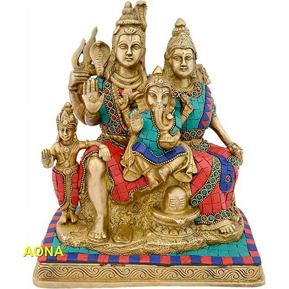 AONA® Brass Shiva Parvati Shiv Parivar Bholenath Shankar Bhagwan Ganesh Family Murti Idol Statue Sculpture Multicolor Home Decor Height 10 Inches