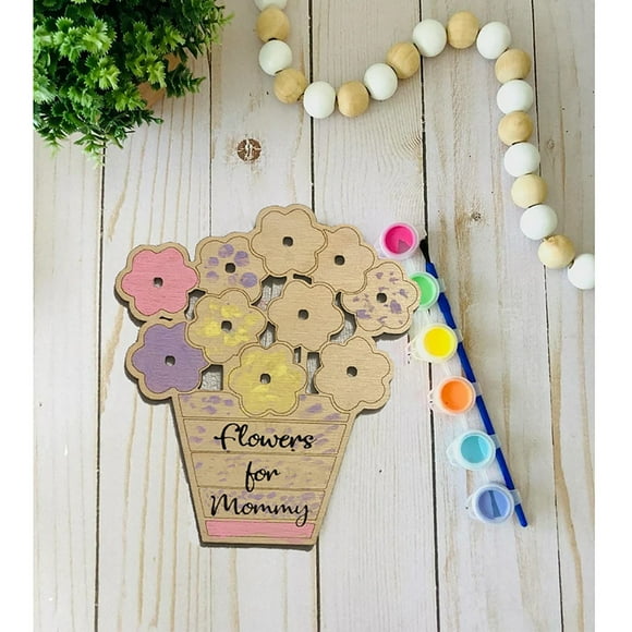 Hxlamzoo Mother's Day Wooden Diy Potted Paint Kit Holiday Gift Desktop Decoration, Naturanl Wood, with 1 Flower Stand, 1 Brush, 3 Paints, Exquisite and Unique Mother's Day Gift