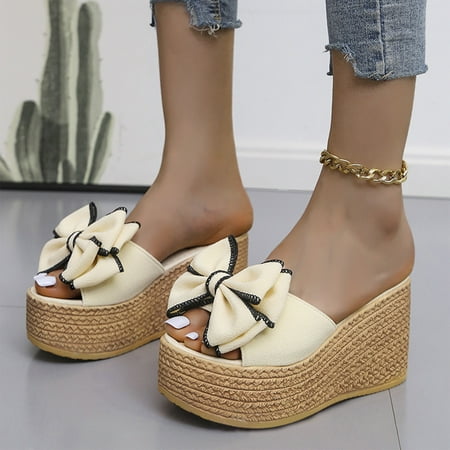 

Wavsuf Wedge Sandals for Women Casual Summer Beach Bow Beige Slippers Size 7