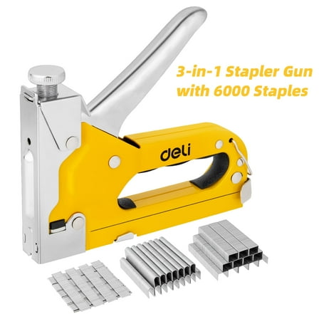 Deli Staple Gun, Heavy Duty Staple Gun, 3 in 1 Manual Nail Gun with 6000 Staples(D, U and T-Type), for Upholstery, Material Repair, Carpentry, Decoration, Furniture, DIY