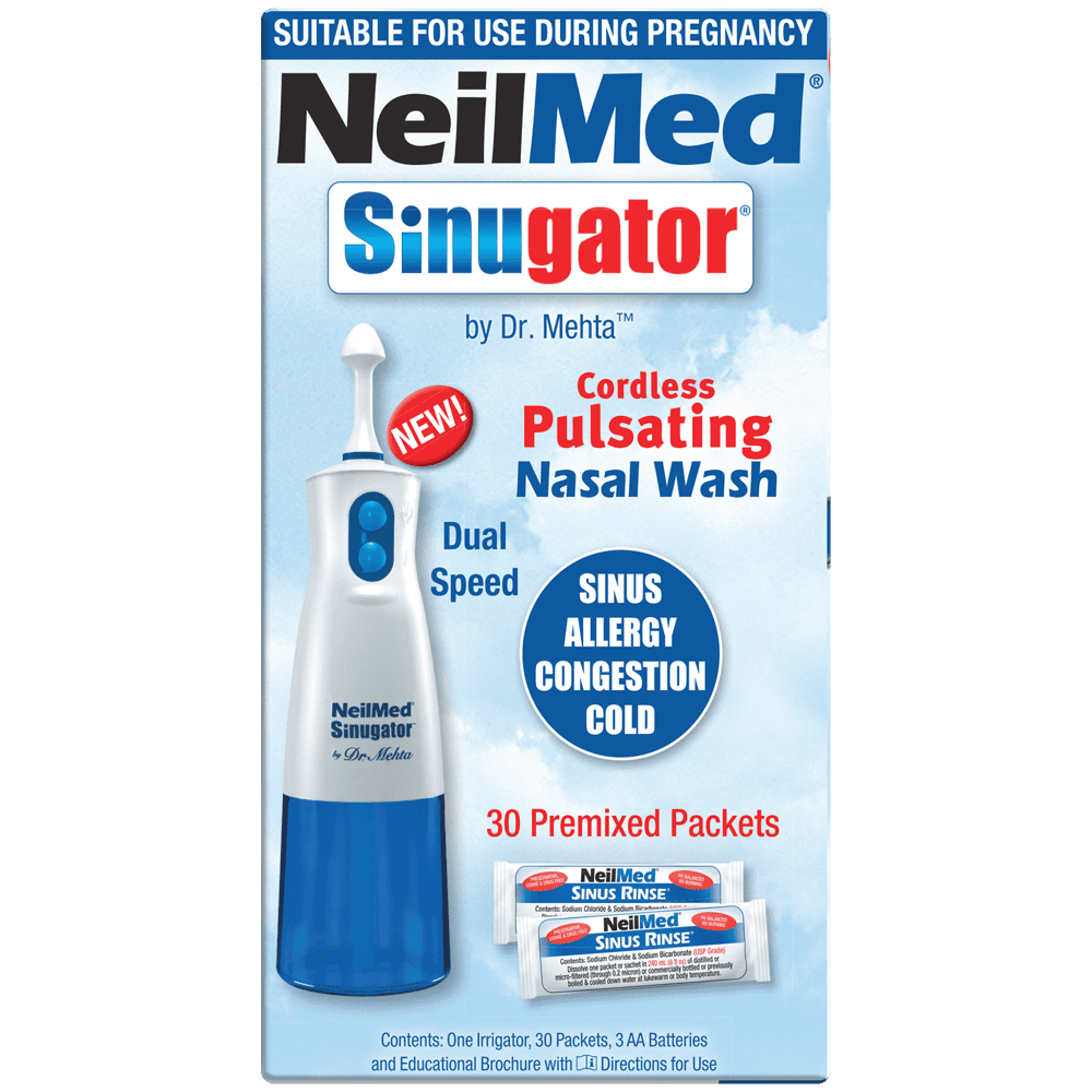 NeilMed Sinugator Cordless Nasal Irrigator Dual Speed Kit - 30 Pack, 3 AA Batteries, Pulsating Flow Technology, Blue