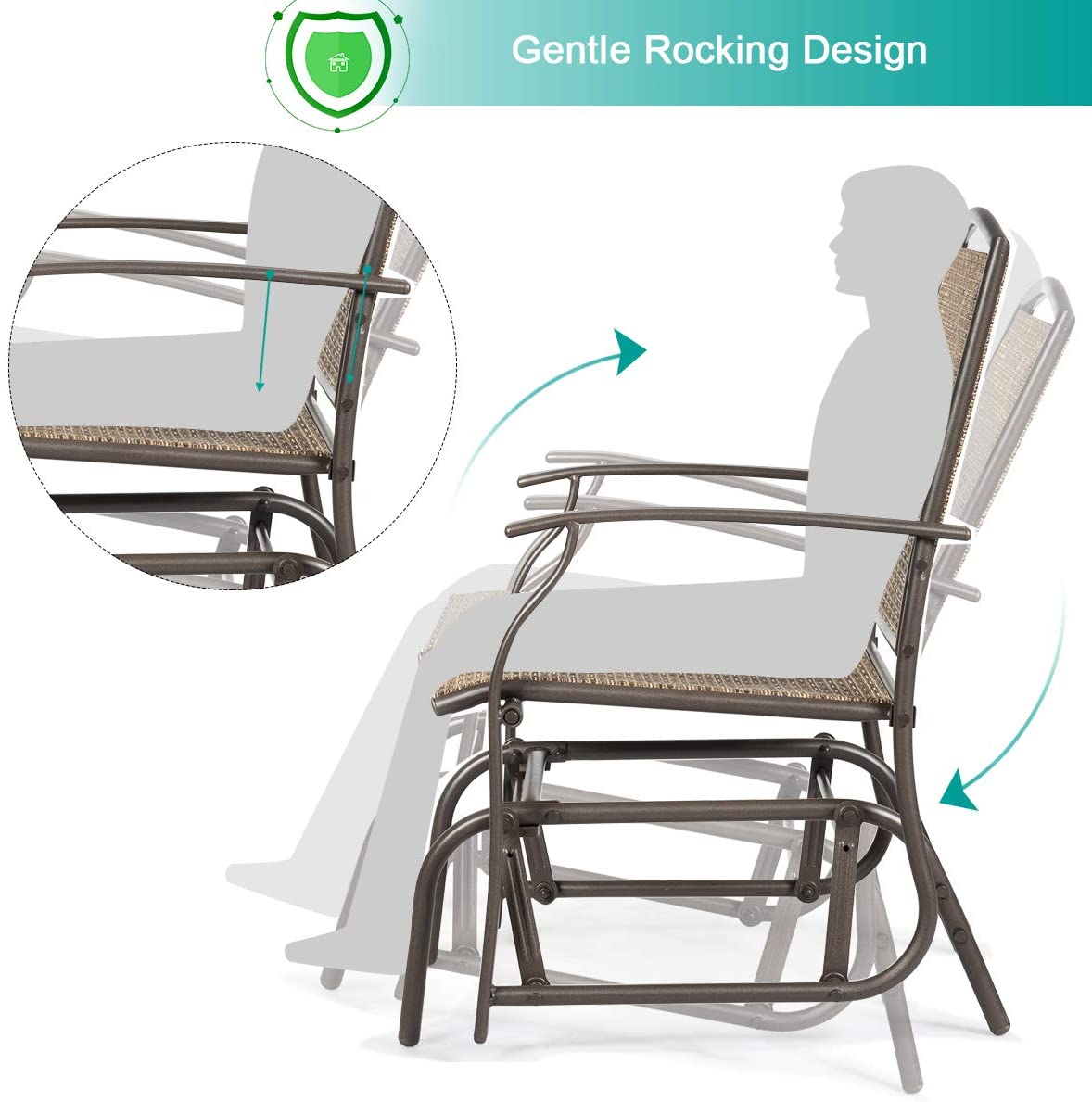 Outdoor Glider Chair W/Sturdy Metal Frame & Breathable Mesh Fabric, Porch Lounge Swing Rocking Chair for Lawn, Garden, Porch, Backyard, Poolside, Patio Glider - image 5 of 9