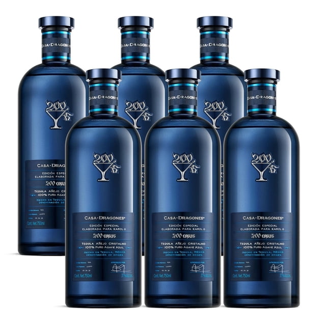 Pack de 6 Tequila Casa Dragones Añejo Cristalino 200 Copas Karol G 750 ml