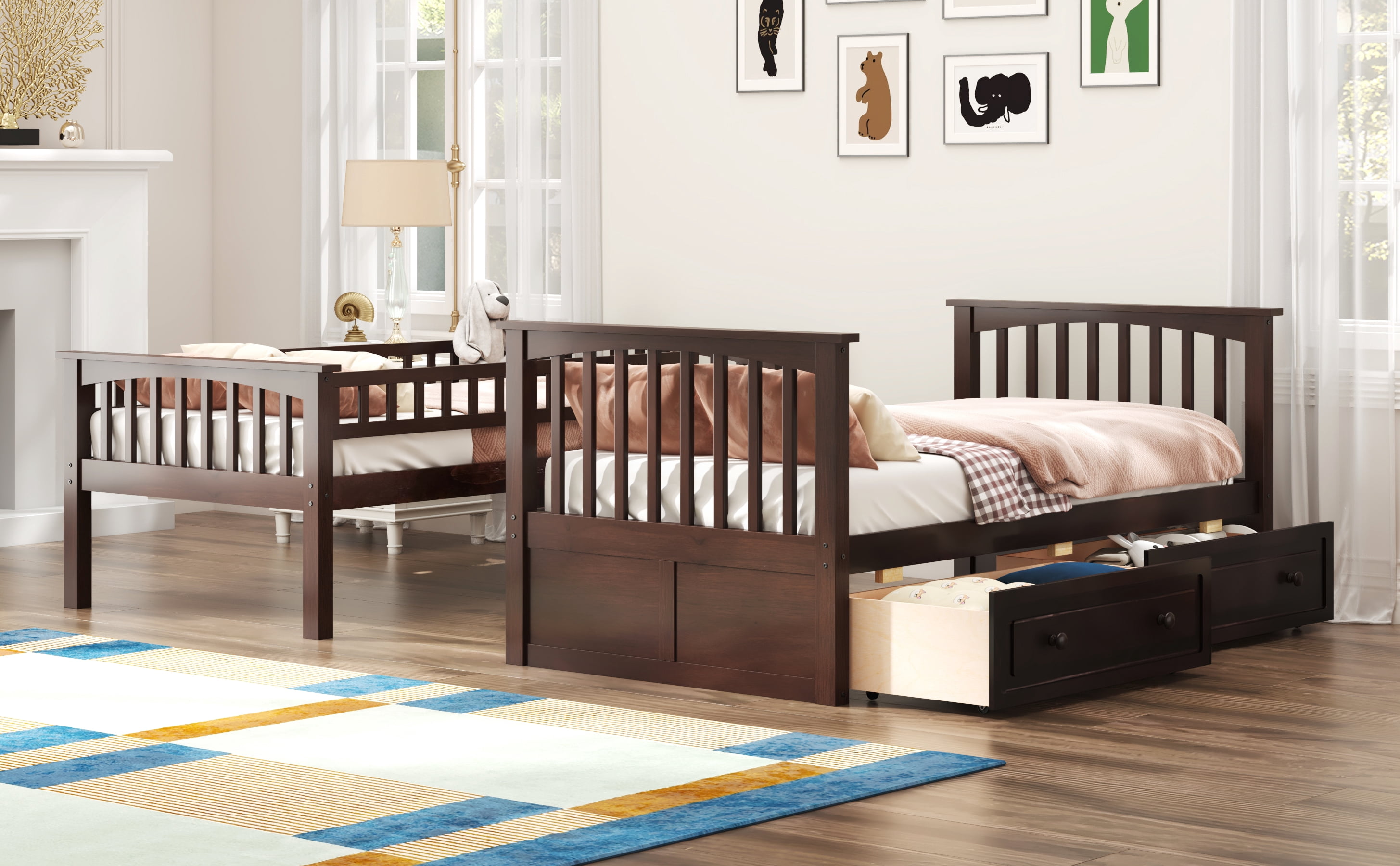 MAYEERTY Twin over Twin Bunk Bed with Drawers, Convertible Beds, Espresso