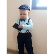CARETOO Baby Boy Clothes Infant Formal Dress Outfit Set Romper Shirt Bowtie Beret Suspender Pants 0-24M 4Pcs Church Wedding Baptism Suit Cotton Fabric