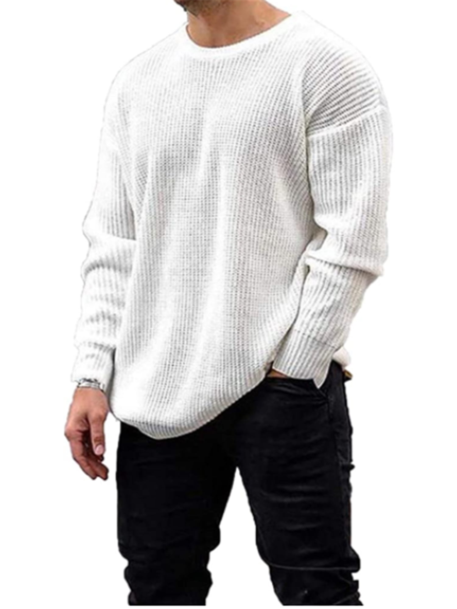 pujingge Mens Pullover Sweaters Crew Neck Long Sleeve Cable Knit Sweater Tops 
