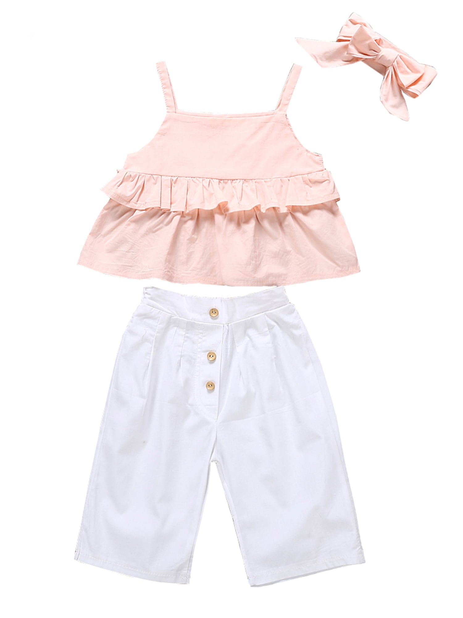 2-7Years,SO-buts Kids Girl Summer Outfits Clothes Retro Chiffon Tassel Shirt Vest+Print Wide Leg Pants Set