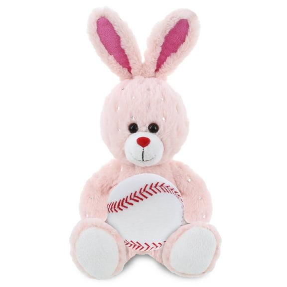 DolliBu Rose Gold Bunny Stuffed Animal with Baseball Plush - Soft Huggable Bunny, Adorable Playtime Bunny Plush Toy, Cute Farm Animal Gift, Super Soft Plush Doll Toy for Kids and Adults - 8 Inches