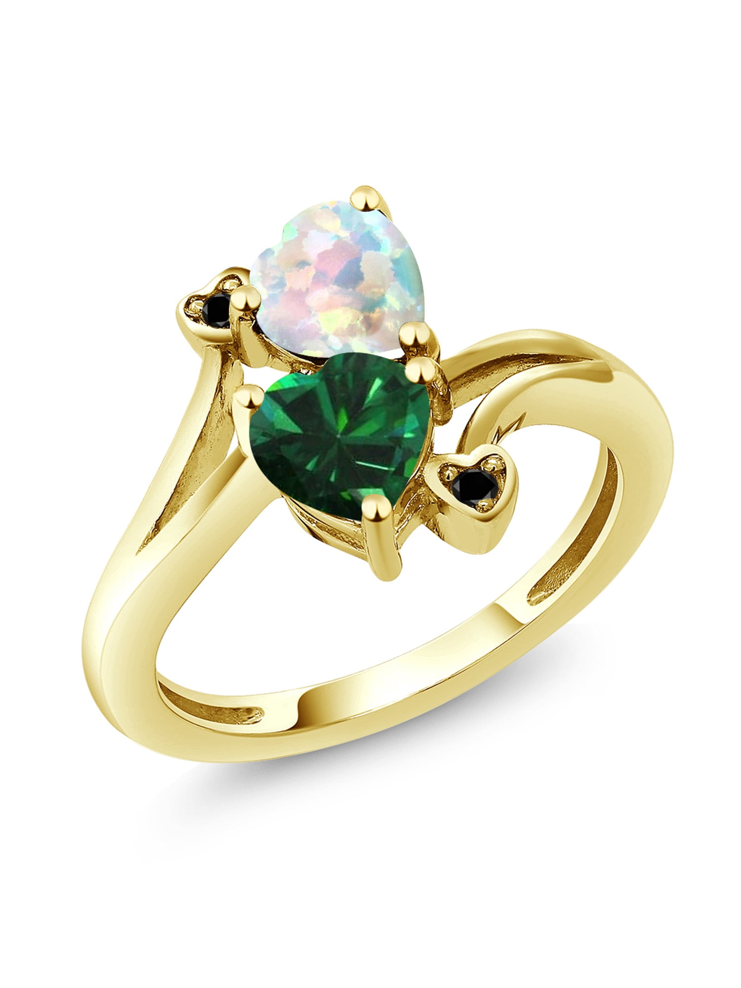 1.46 Ct Green Simulated Emerald White Simulated Opal 10K Yellow Gold Ring by