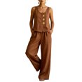 thumbnail image 3 of Sleeveless Button Front Linen Set for Women, Scoop Neck Tank & Wide Leg Pants Two Piece Outfit - Loose Fit Summer Vacation Ensemble Light Brown M, 3 of 5