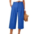 thumbnail image 4 of XPMWRP Women's High Waist Pleated Wide Leg Capri Pants Button Closure Casual Loose Trousers with Pockets Stretchy for Work Blue M, 4 of 5
