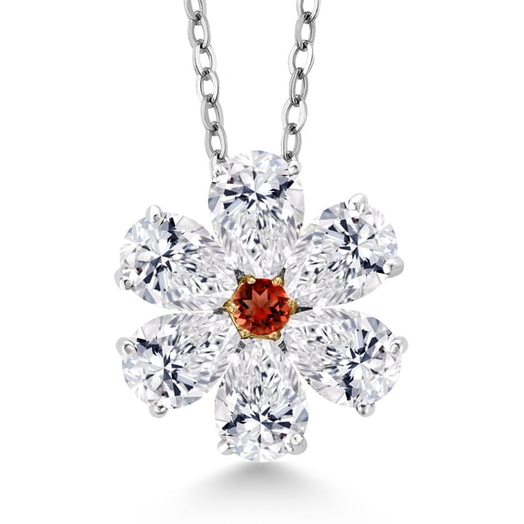 Gem Stone King 925 Silver and 10K Yellow Gold Lab Grown Diamond and Red Garnet Pendant Necklace for Women | 2.17 Cttw | Gemstone April Birthstone | Pear Shape 6X4MM | With 18 inch Chain