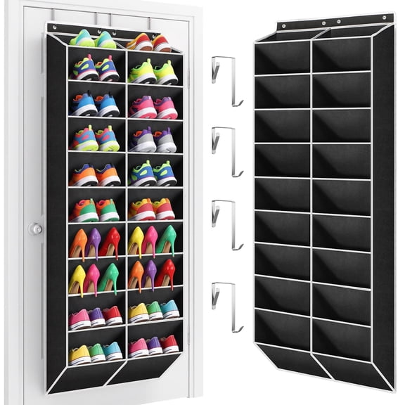 LazySpin 20-30 Pairs Over the Door Shoe Organizer, Clear Pockets Hanging Shoe Storage for Closet, 10-Tier Door Shoes Rack, Handing Shoes Holder for Sneakers, Boots, Heels, Black