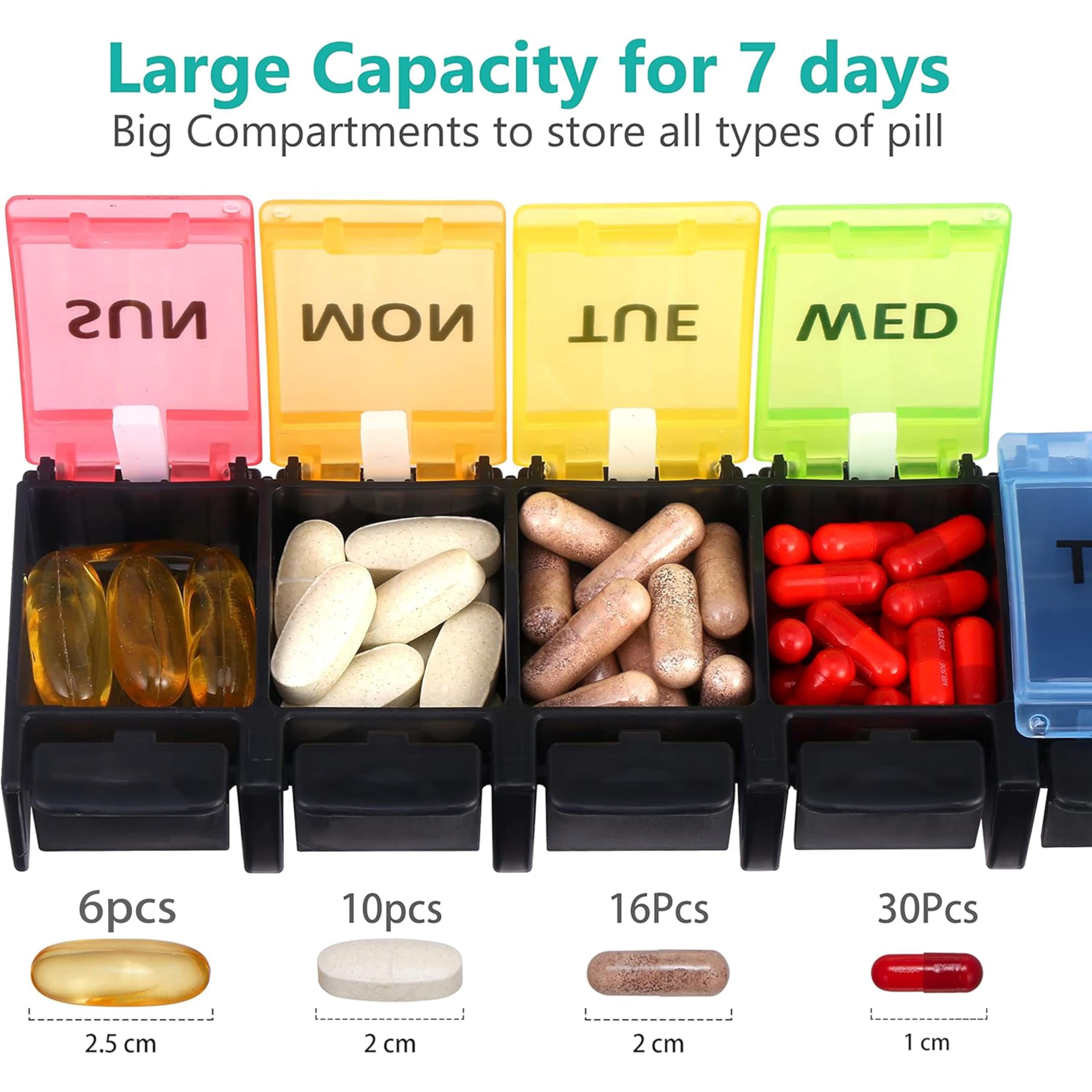 Fullicon Large Compartments Travel-Friendly 7-Day Pill Organizer Family Pack, Black (4 Pack)