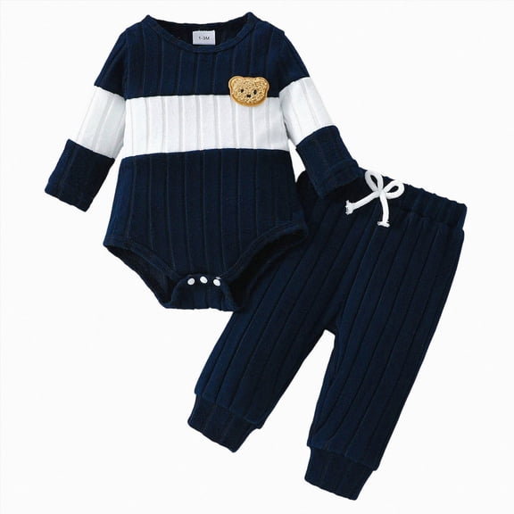 Splozh Newborn Baby Boy Fall Winter Clothes Boy Outfit Embroidery Romper Pants Sets Newborn Boy Clothes,Navy,3-6 Months