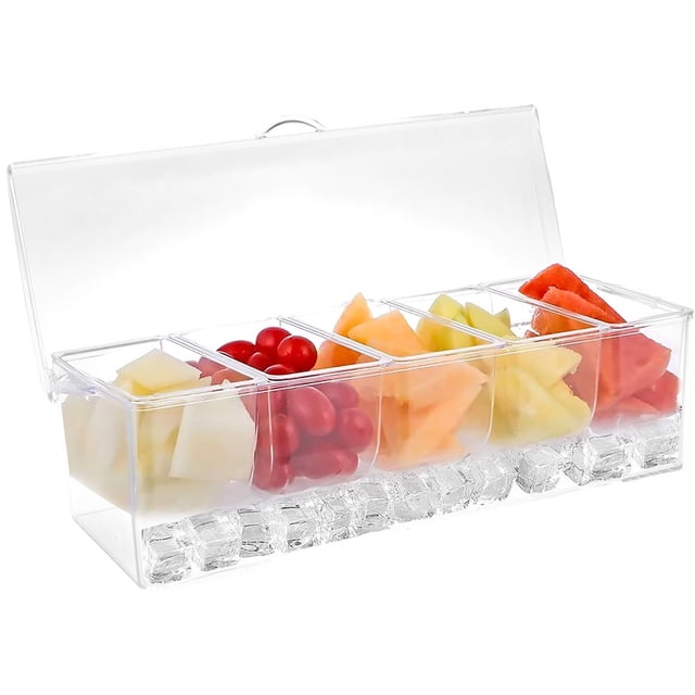 Serveur de Condiments Transparent 5 Plateaux avec Couvercle Compartiments Amovibles Réutilisables Caddy de Condiments Réfrigérés Conteneur de Service de Fruits Transparent