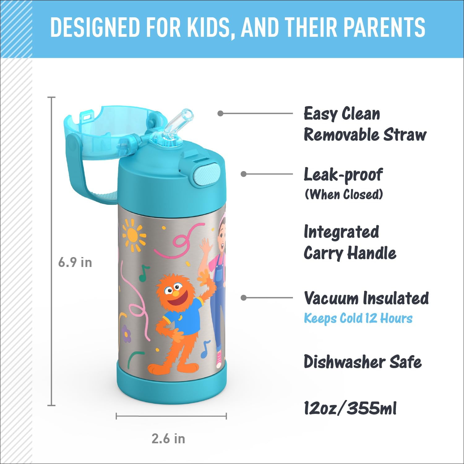THERMOS FUNTAINER - Botella de agua con pajita, 12 onzas, color azul